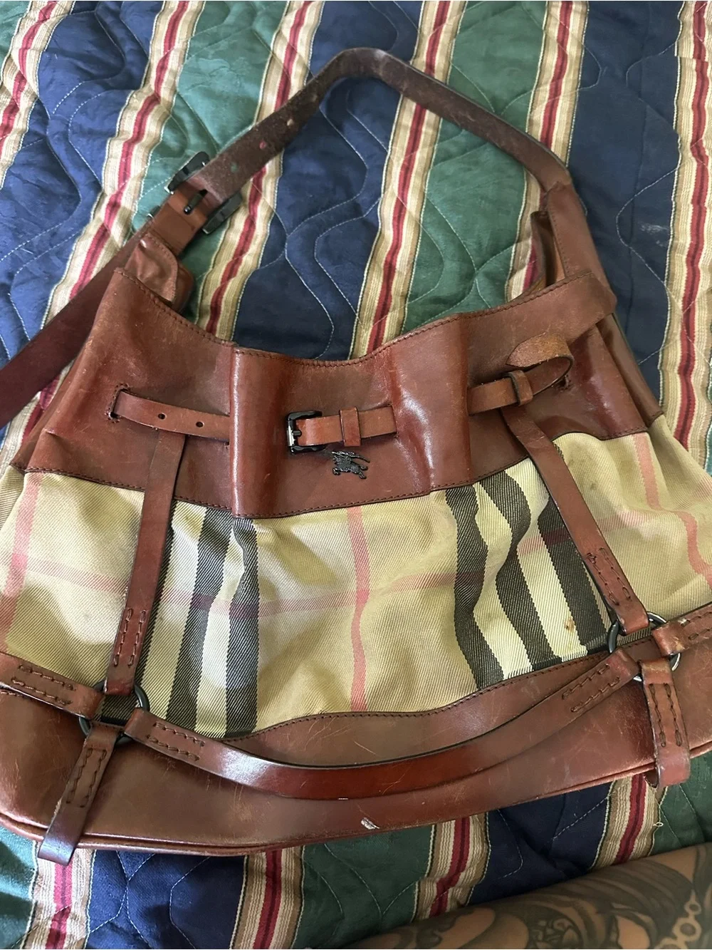 VINTAGE Burberry Brown Leather Shoulder Bag with Beige Check
